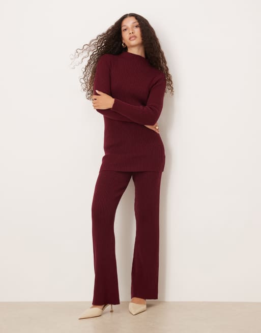 SNDYS ribbed knitted wide leg pants in burgundy (part of a set)