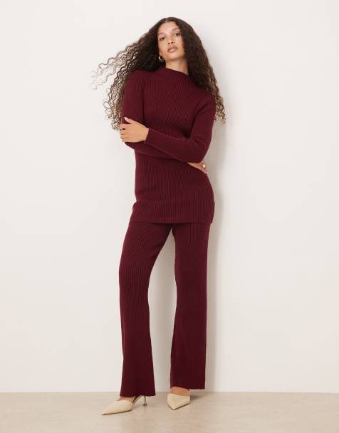 SNDYS ribbed knitted wide leg trousers co-ord in burgundy