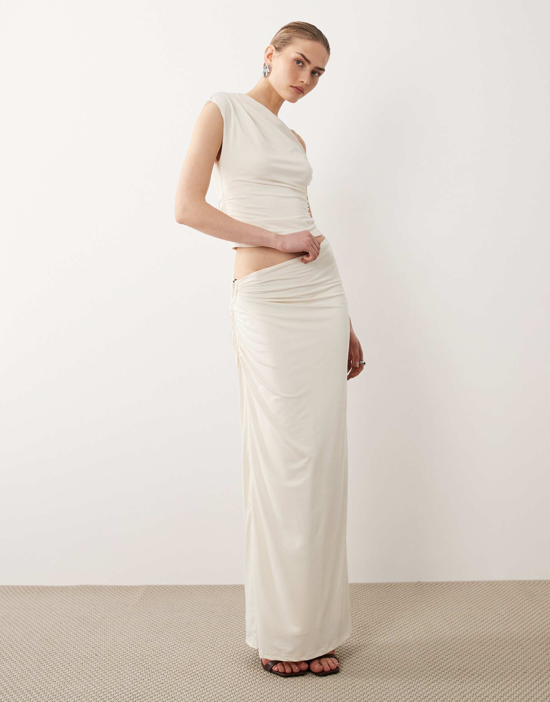 sndys ring detail asymmetric waist maxi skirt in cream - part of a set