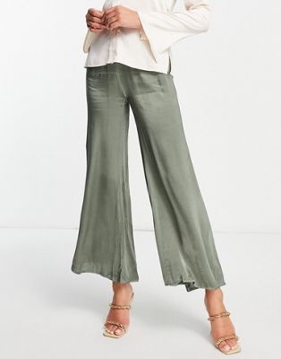 SNDYS Rising satin wide leg trousers in olive
