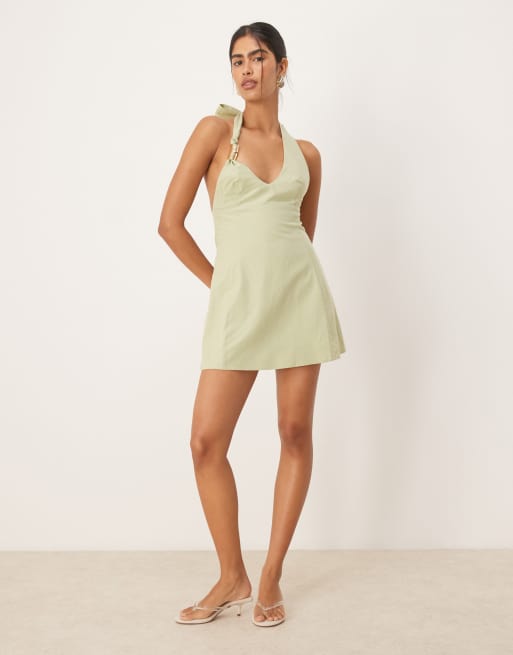 SNDYS - Robe courte aspect lin à dos nu et détails métalliques - Olive, 2 de 4
