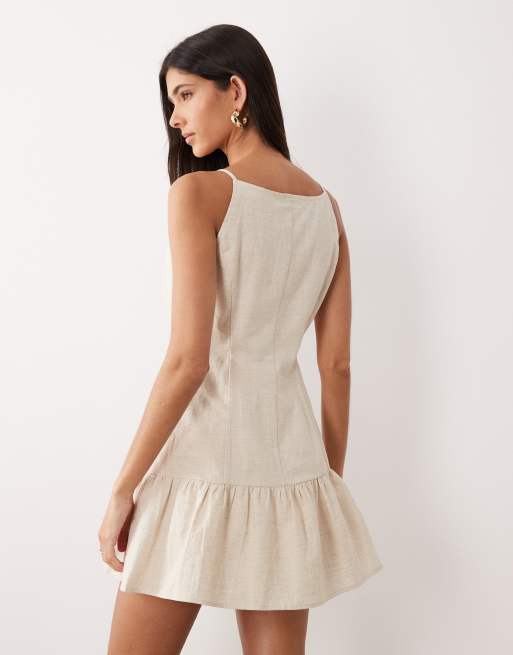SNDYS - Robe courte boutonnée en lin et coton mélangés à encolure carrée et ourlet volanté - Grège, 4 de 4