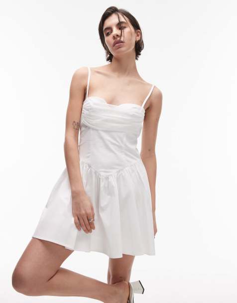 SNDYS - Robe courte en popeline à bretelles fines avec décolleté en cœur et buste drapé en tulle - Blanc - view 1