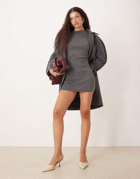 SNDYS - Robe courte froncée asymétrique à épaules dénudées - Anthracite - view 1