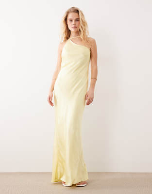 Robe longue à bretelles fines en satin avec encolure asymétrique et dos bénitier - Jaune XS