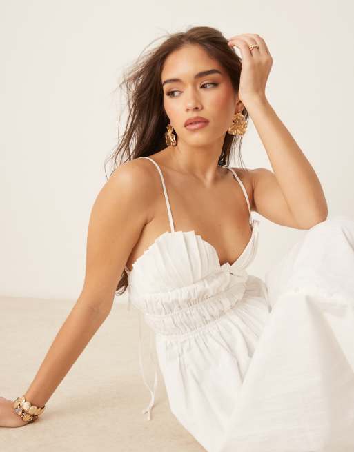 SNDYS - Robe longue en coton à taille froncée et dos ouvert avec détails festonnés sur le buste - Blanc, 2 de 4