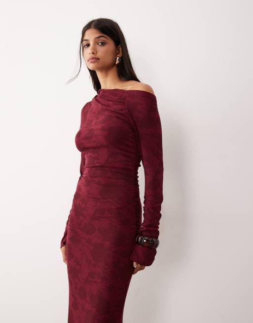 SNDYS - Robe longue moulante à fleurs avec épaules dénudées asymétriques - Bordeaux, 4 de 4