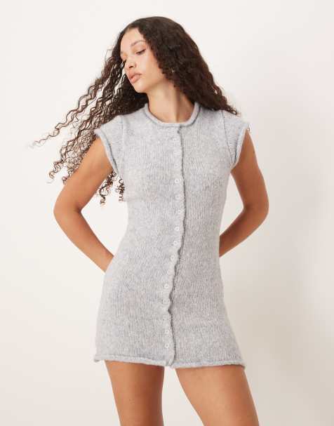 SNDYS roll cap sleeve knitted button down mini dress in light grey - view 1