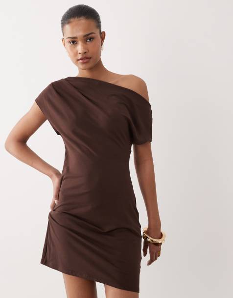 SNDYS ruched detail asymmetric shoulder mini dress in chocolate