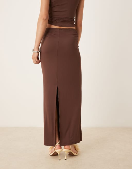 SNDYS ruched detail back split maxi skirt in chocolate (part of a set), 4 of 5