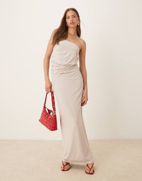 SNDYS ruched side detail bandeau maxi dress in stone - view 1