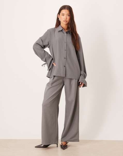 SNDYS ruched sleeve shirt and pleat front tailored trousers co-ord in grey - view 1