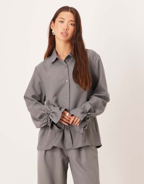SNDYS ruched tie sleeve detail shirt in grey (part of a set) - view 1