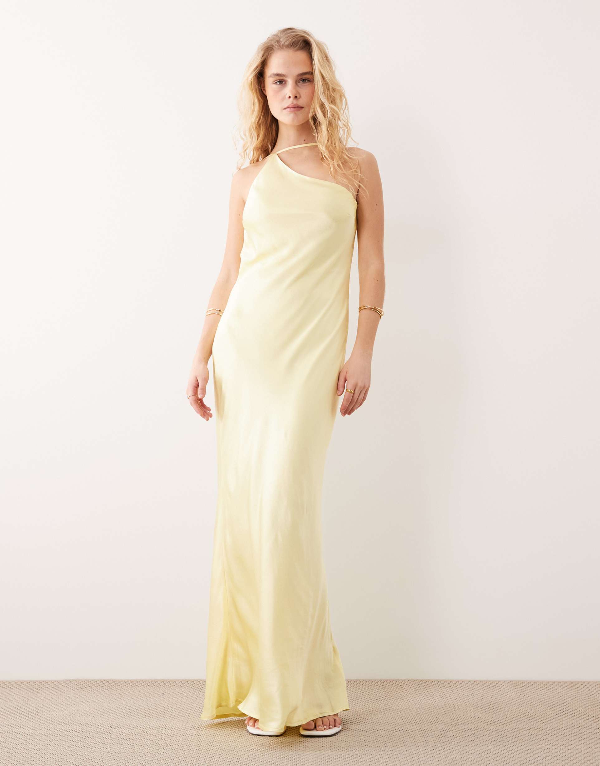 sndys satin asymmetric shoulder cowl back strappy maxi dress in yellow