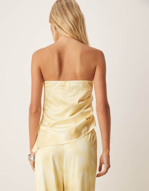 SNDYS satin bandeau asymmetric hem top in yellow blurred print - part of a set, 3 of 4
