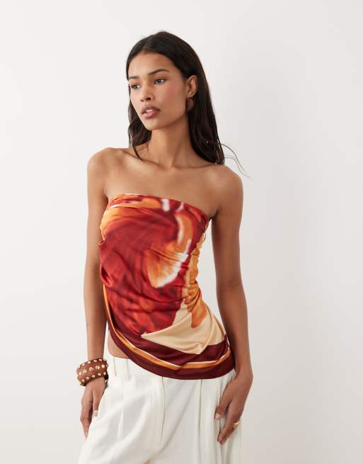 SNDYS satin bandeau scarf hem top in orange floral print, 2 of 4