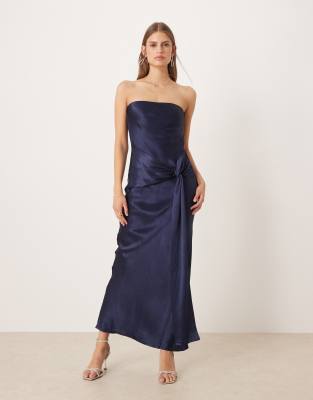 Sndys Satin Bandeau Wrap Tie Waist Detail Maxi Dress In Blue