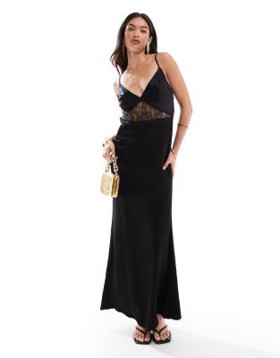 satin cami lace insert backless maxi dress in black