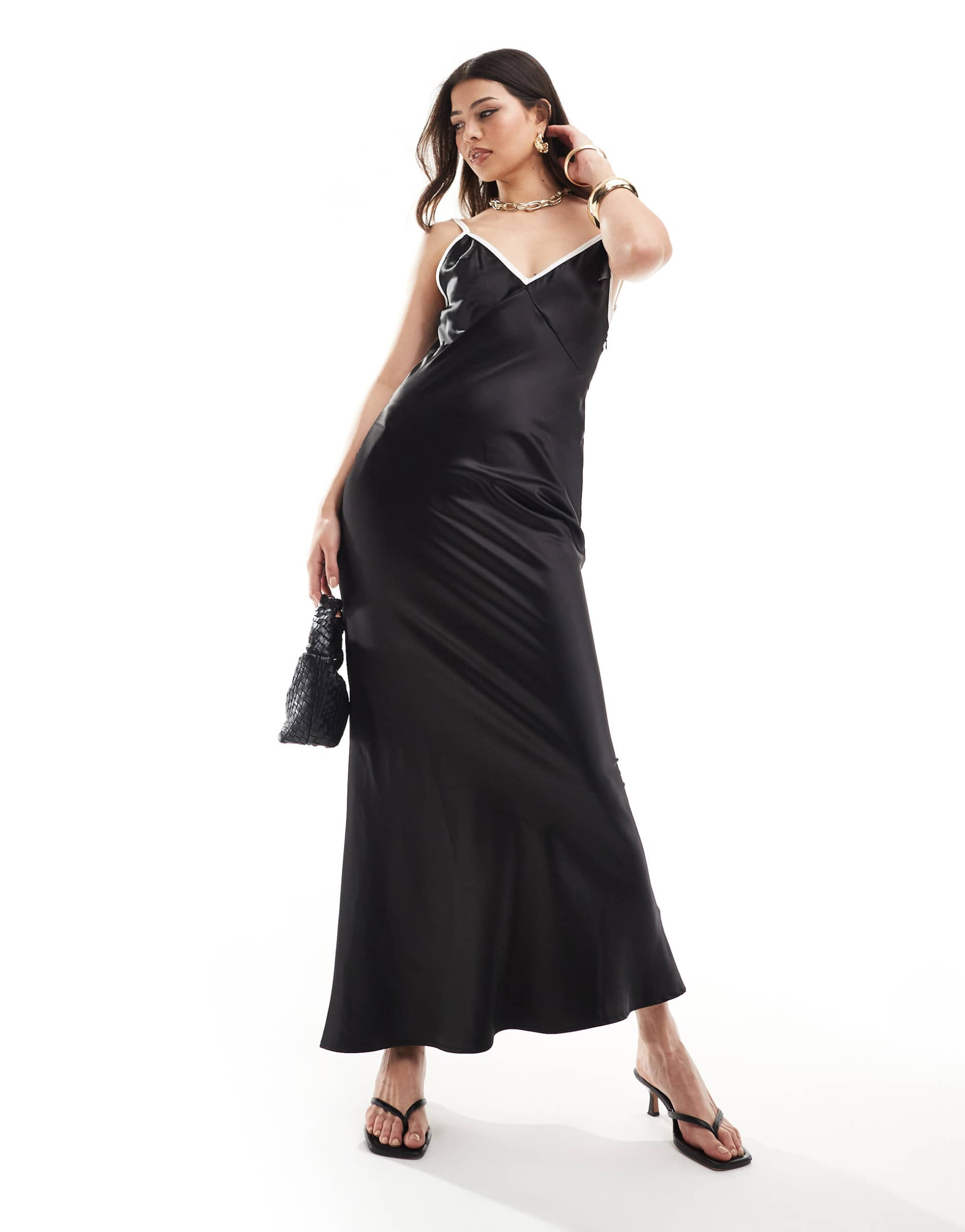 sndys satin cami plunge maxi dress with contrast seam detail in black