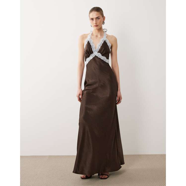 SNDYS satin contrast lace halterneck maxi dress in chocolate | ASOS