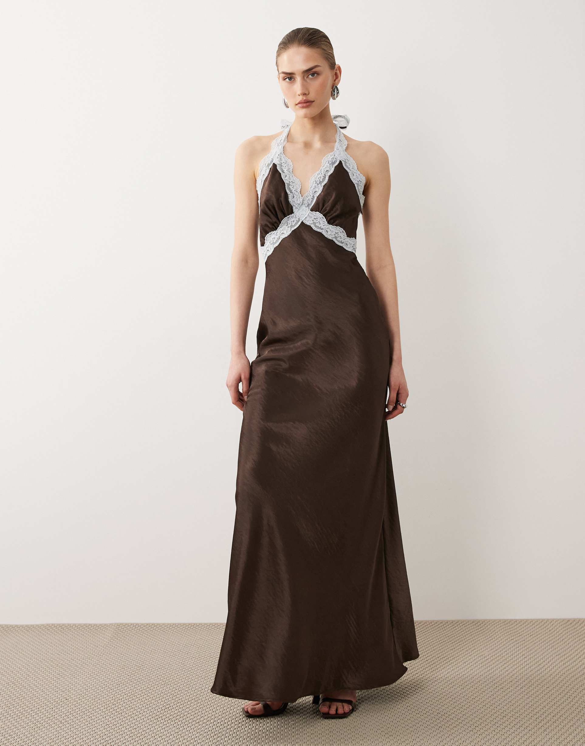 sndys satin contrast lace halterneck maxi dress in chocolate