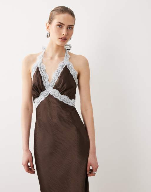 SNDYS satin contrast lace halterneck maxi dress in chocolate, 2 of 4