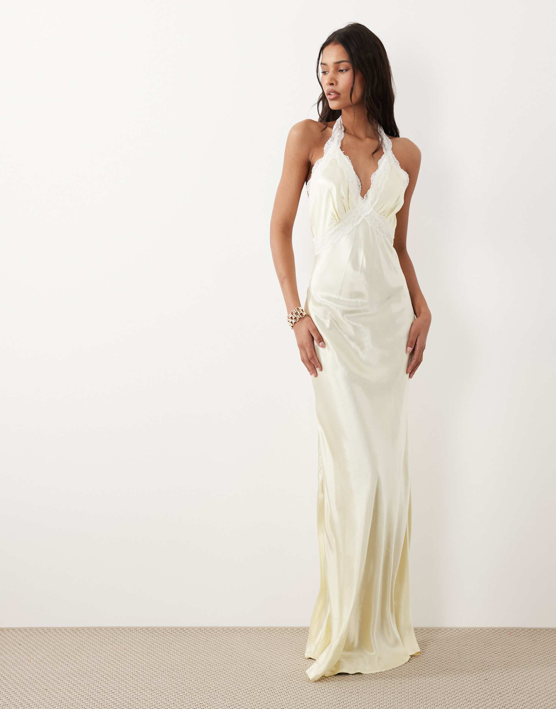 sndys satin contrast lace halterneck maxi dress in lemon