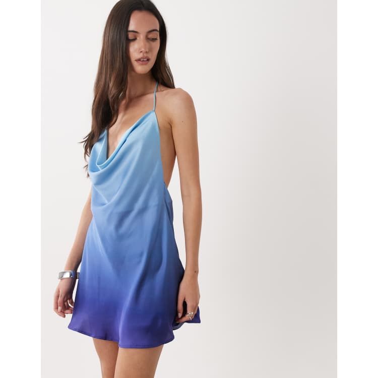 SNDYS satin cowl halterneck low back mini dress in blue ombre | ASOS