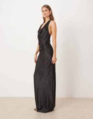 Sndys Satin Cowl Neck Scarf Detail Maxi Dress In Black