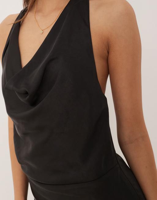 SNDYS satin cowl neck scarf detail maxi dress in black, 2 of 4