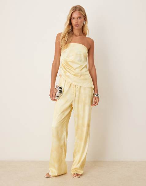 SNDYS satin drawstring waist wide leg trousers co-ord in yellow blurred print