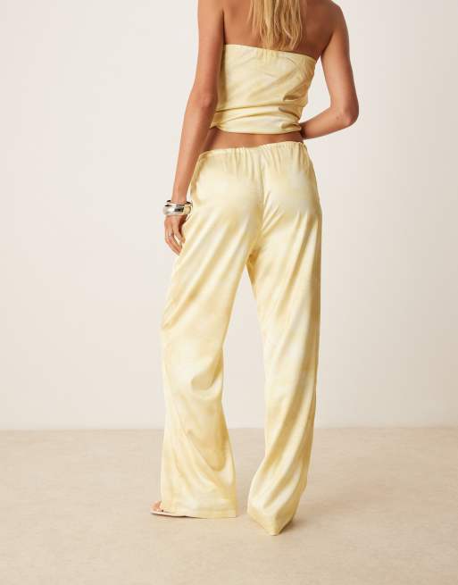 SNDYS satin drawstring waist wide leg trousers co-ord in yellow blurred print, 3 of 5