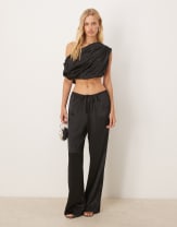 SNDYS satin one shoulder ruched drape top and wide leg pants