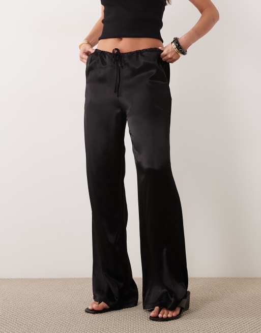SNDYS satin drawstring wide leg pants in black, 2 of 5