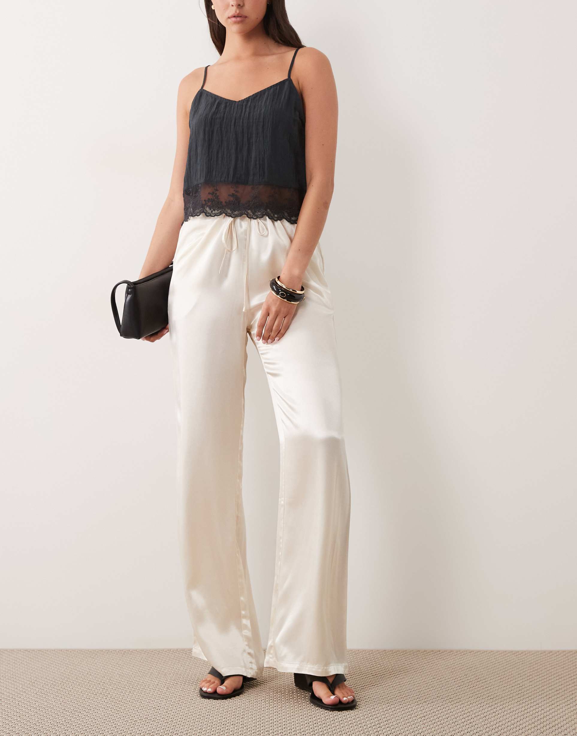 sndys satin drawstring wide leg pants in cream