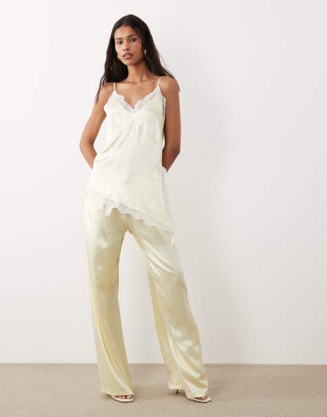 SNDYS satin drawstring wide leg trouser co-ord in lemon