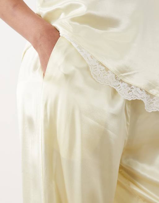 SNDYS satin drawstring wide leg trouser co-ord in lemon, 3 of 5