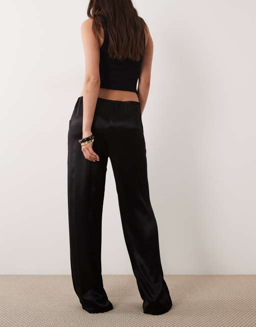 SNDYS satin drawstring wide leg trouser in black, 4 of 5