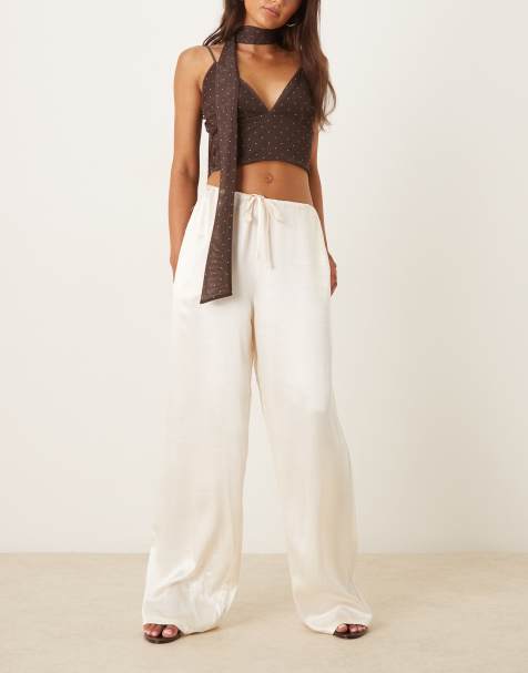 SNDYS satin drawstring wide leg trouser in cream - view 1