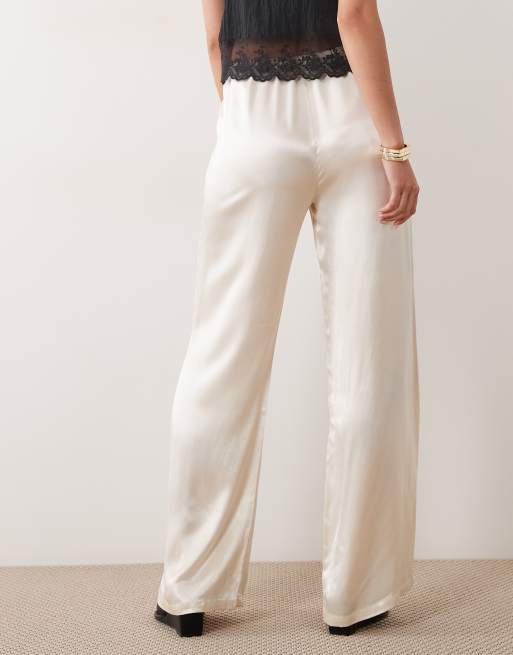 SNDYS satin drawstring wide leg trouser in cream, 4 of 5