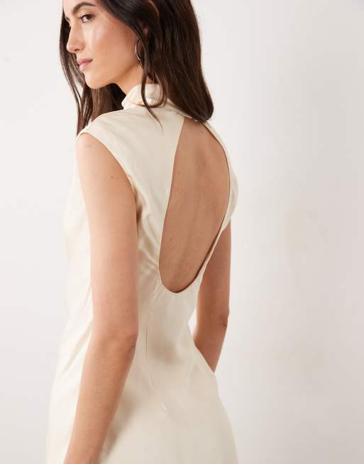 SNDYS satin high neck open back detail sleeveless mini dress in cream, 2 of 4