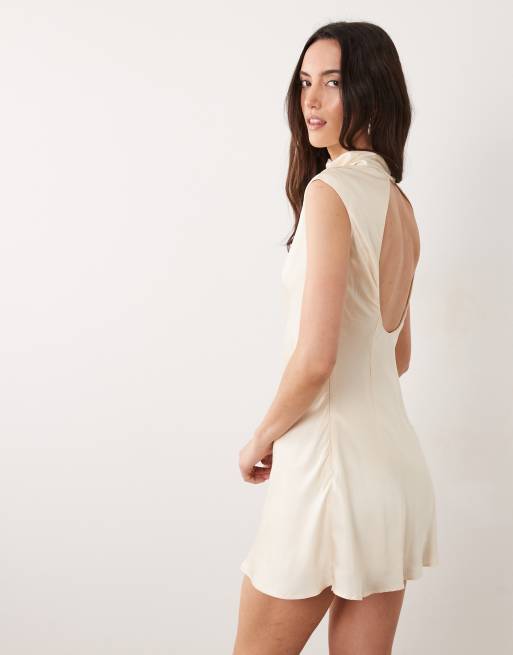 SNDYS satin high neck open back detail sleeveless mini dress in cream, 4 of 4