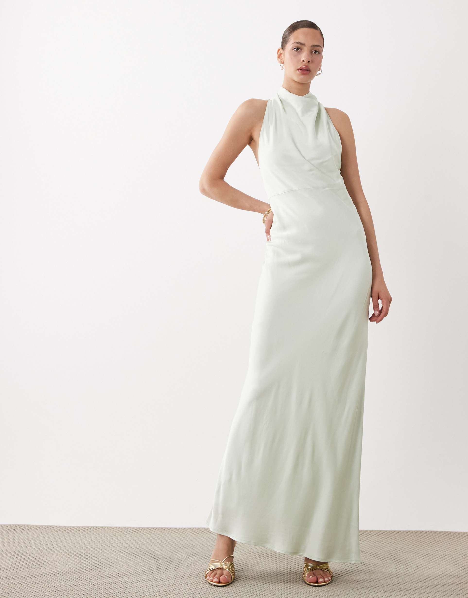 sndys satin high neck open back twist detail maxi dress in sage