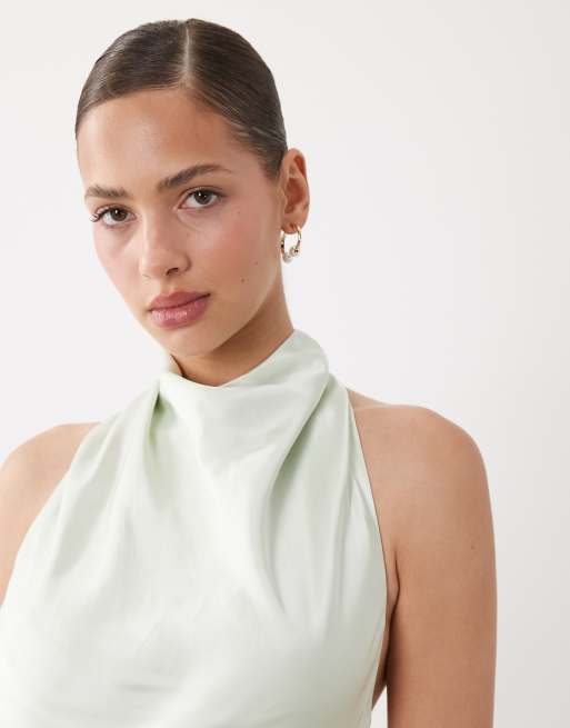 SNDYS satin high neck open back twist detail maxi dress in sage, 3 of 4