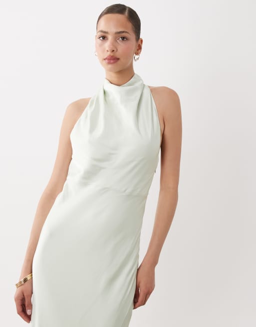 SNDYS satin high neck open back twist detail maxi dress in sage, 4 of 4