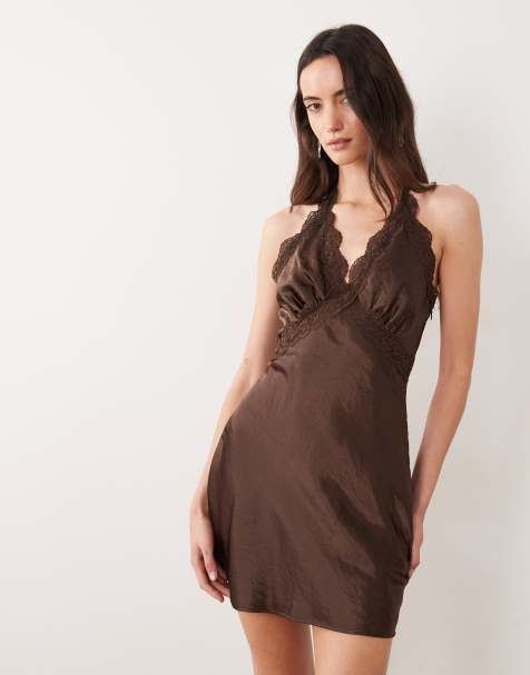 SNDYS satin lace trim halterneck mini dress in chocolate