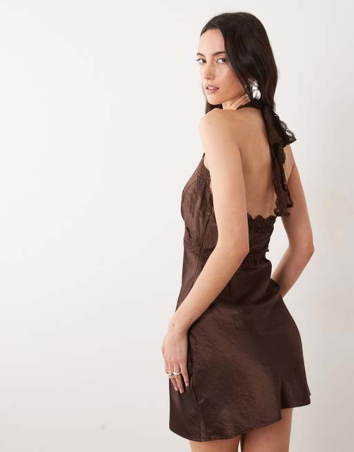 SNDYS satin lace trim halterneck mini dress in chocolate, 3 of 4