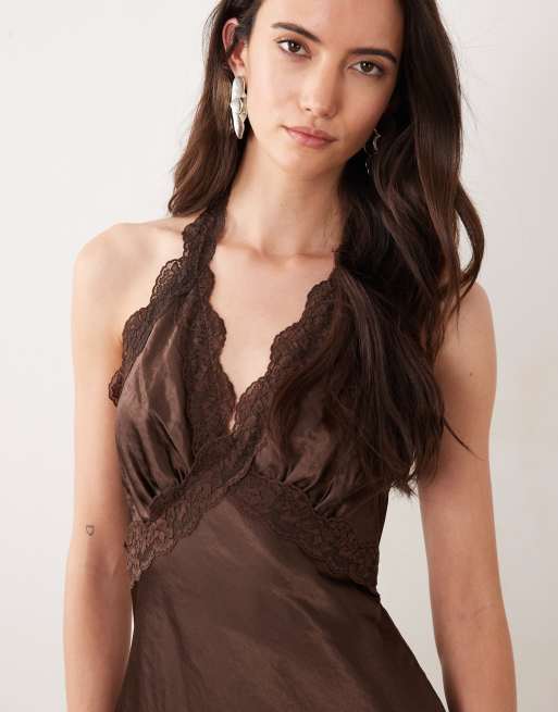 SNDYS satin lace trim halterneck mini dress in chocolate, 4 of 4