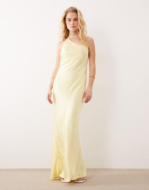 SNDYS – Satin-Maxikleid in Gelb mit Riemchenträgern, asymmetrischer Schulterpartie und Wasserfallausschnitt am Rücken - view 1
