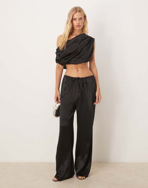 SNDYS satin one shoulder ruched drape top and wide leg trouser co-ord in black - view 1